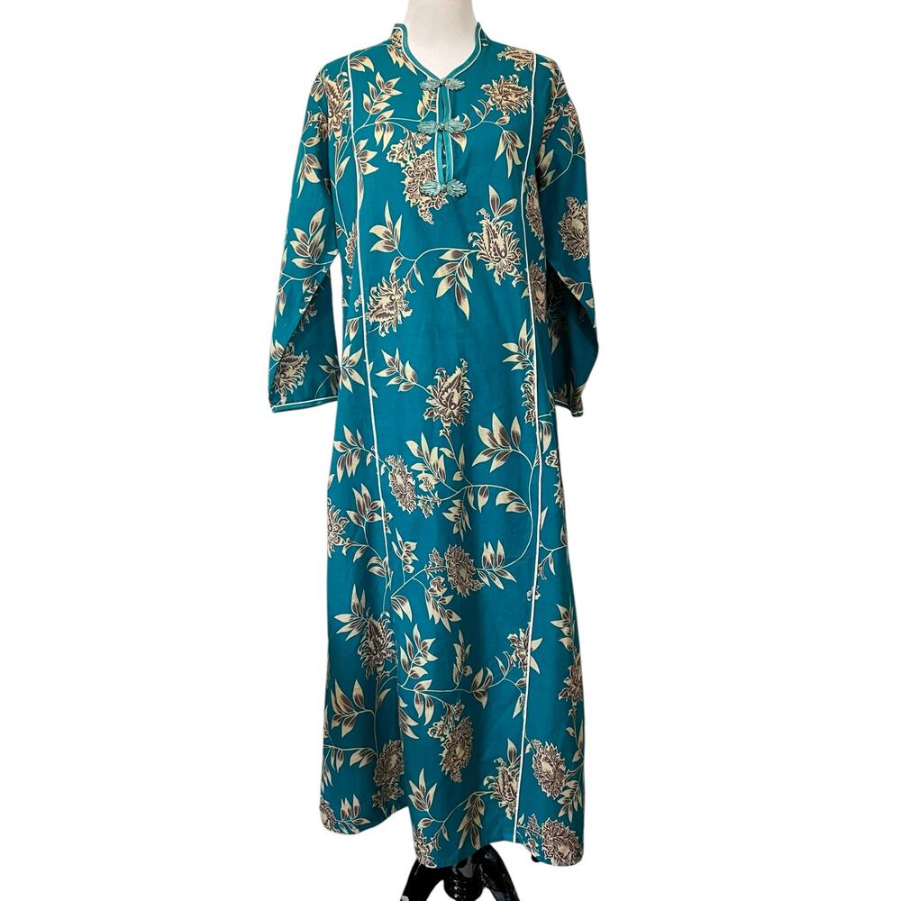 Orchid Vintage Asian Kaftan Dress Mumu Blue Floral Frog Closure Cotton Sz Medium